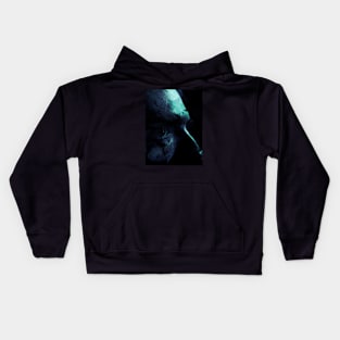 Portrait, digital collage and special processing. Man. Side of face, close up. Eye, forehead, nose. Legendary. Dark shapes, like feather. Aquamarine. Kids Hoodie